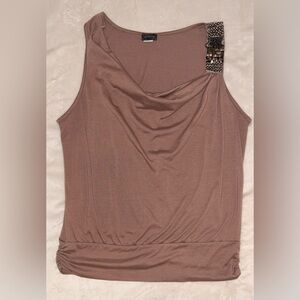 Taupe Sleeveless Blouse with Embellished Shoulder